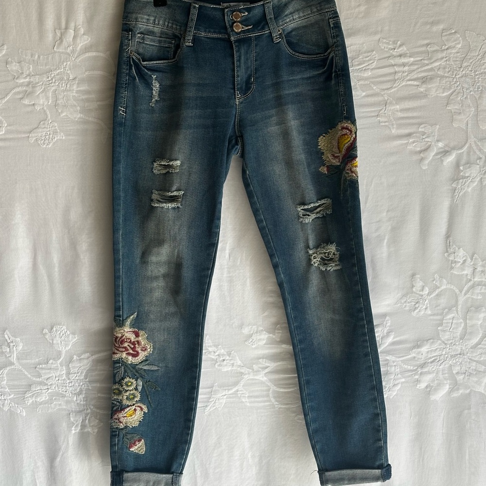 YMI Distressed Blue Jeans with Floral Embroidery,Distressed,Boho Style - Picture 12 of 12